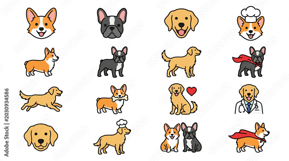 Obraz premium Dogs and puppies various breeds cartoon.