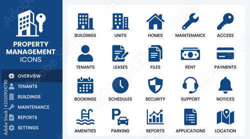 Fotografie Property management icons set, real estate rental and leasing vector symbols, pr