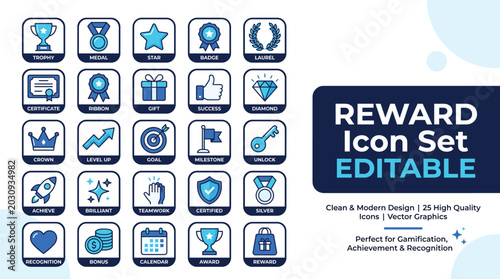 Cuadro en lienzo Reward icon set with 25 editable vector graphics, blue gamification achievement