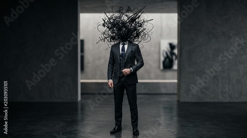 Businessman with ink explosion head in modern gallery