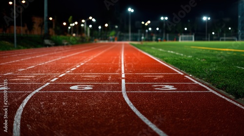 Running track at night athletic field with lanes and numbered markings