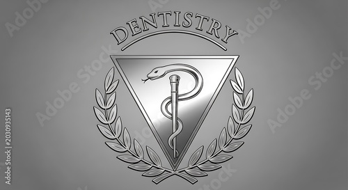 Metallic dentistry emblem with Staff of Asclepius on grey background
