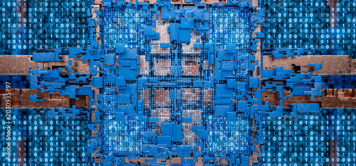 Blockchain technology. Data storage on a cloud drive. Futuristic data center. Data storage. Cloud computing concept. Artificial intelligence. Big data. Binary chart in the cloud. 3D render.