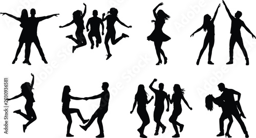 Bild auf Leinwand Silhouettes of diverse people in various active poses on white background divers