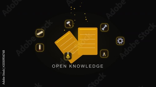 Golden Icon Represents Open Knowledge Surrounded by Various Symbols