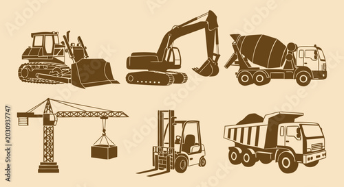 Tableau sur toile Set of Construction Vehicles and Heavy Machinery Icons in a Flat Design Style