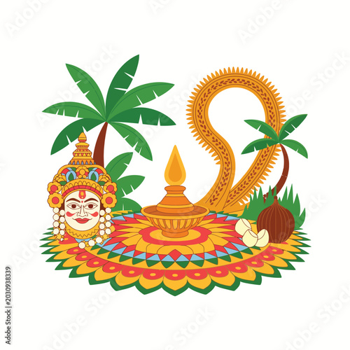 Traditional Onam Festival Kerala Cultural Elements Vector Illustration