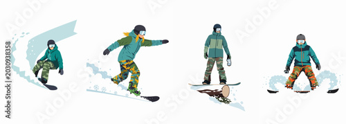 Foto Set of flat vector illustrations of snowboarders in action, carving and sliding on snow, isolated on a white background for winter sports design