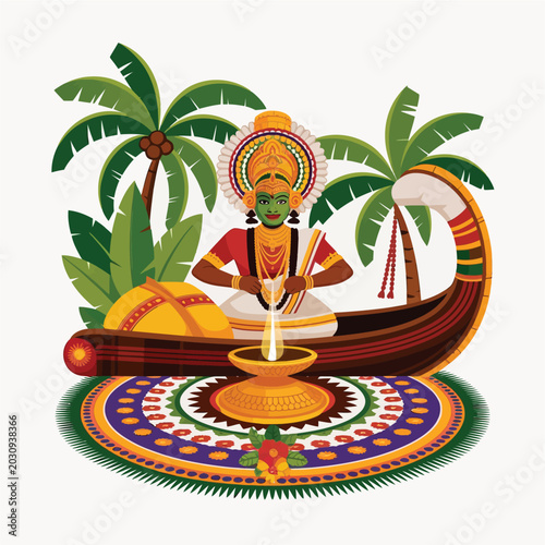Traditional Onam Festival Kerala Cultural Elements Vector Illustration