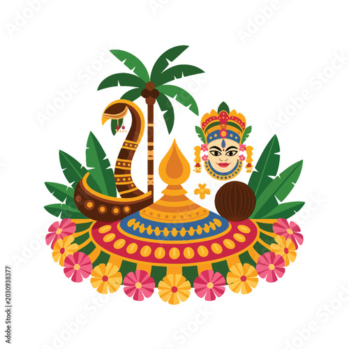 Traditional Onam Festival Kerala Cultural Elements Vector Illustration