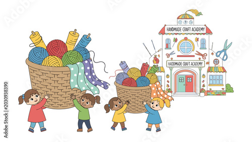 фотографія Craft Academy Fun: Children joyfully gather around baskets filled with colorful yarn and fabric, eager to begin crafting at a whimsical academy