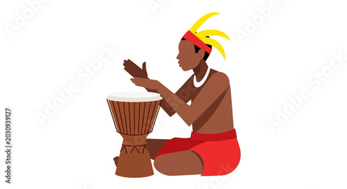 Fotografie Man playing African djembe drum sitting.
