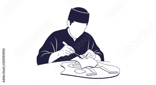 Foto Man wearing chef hat cutting fish.