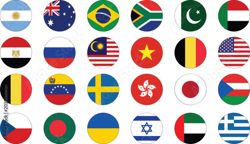 Foto Colorful circular icon set featuring diverse international national flags repres