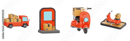 3D courier delivery service icon set with transport truck, scooter, doorstep delivery, and mobile tracking map