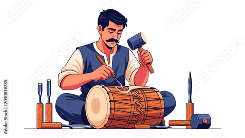 Fotografía Artisan Crafting a Traditional Drum: A craftsman with a mustache sits cross-legged, meticulously carving a traditional drum using a hammer and chisel, surrounded by his tools