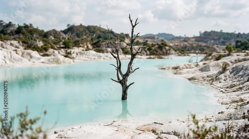 Dead Tree Standing in Turquoise Thermal Hot Spring Pool Landscape