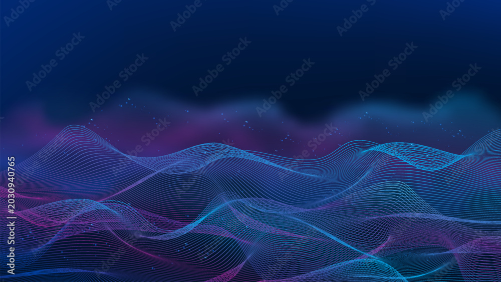 Fototapeta premium Abstract technology background flowing wave-style network data line forming connect patterns, representing big data flow, digital communication, transmission, network connectivity, data infrastructure