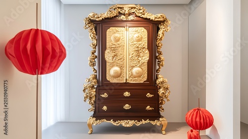 Opulent mahogany antique cabinet adorned with intricate gold baroque carvings and ornate metalwork featuring decorative drawers and doors complemented by vibrant red paper