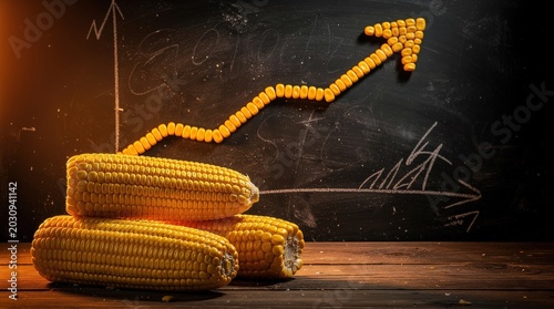 An upward arrow made of corn kernels points to growth, with stacked corn cobs below and a chalkboard graph in the background symbolizing agricultural progress.