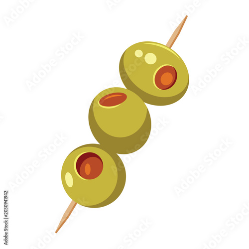Green Olives Stuffed with Pimento on a Cocktail Skewer Vector Illustration