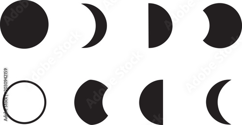 Photography 8 Solar Eclipse silhouette icons moon phases sun rings stars, solid black style,
