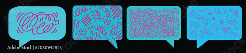 Photos Set of four blue speech bubbles with purple abstract scribble patterns inside re