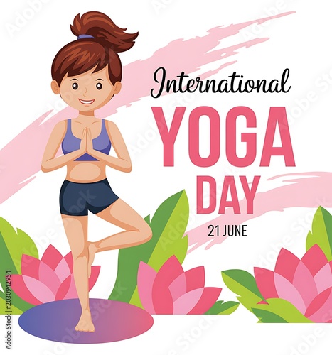 International yoga day illustration with a woman performing a tree pose