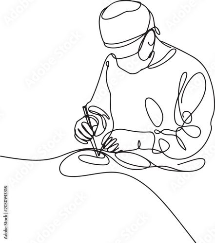 Continuous single line drawing of a surgeon performing a medical operation in a hospital Line Art Illustration