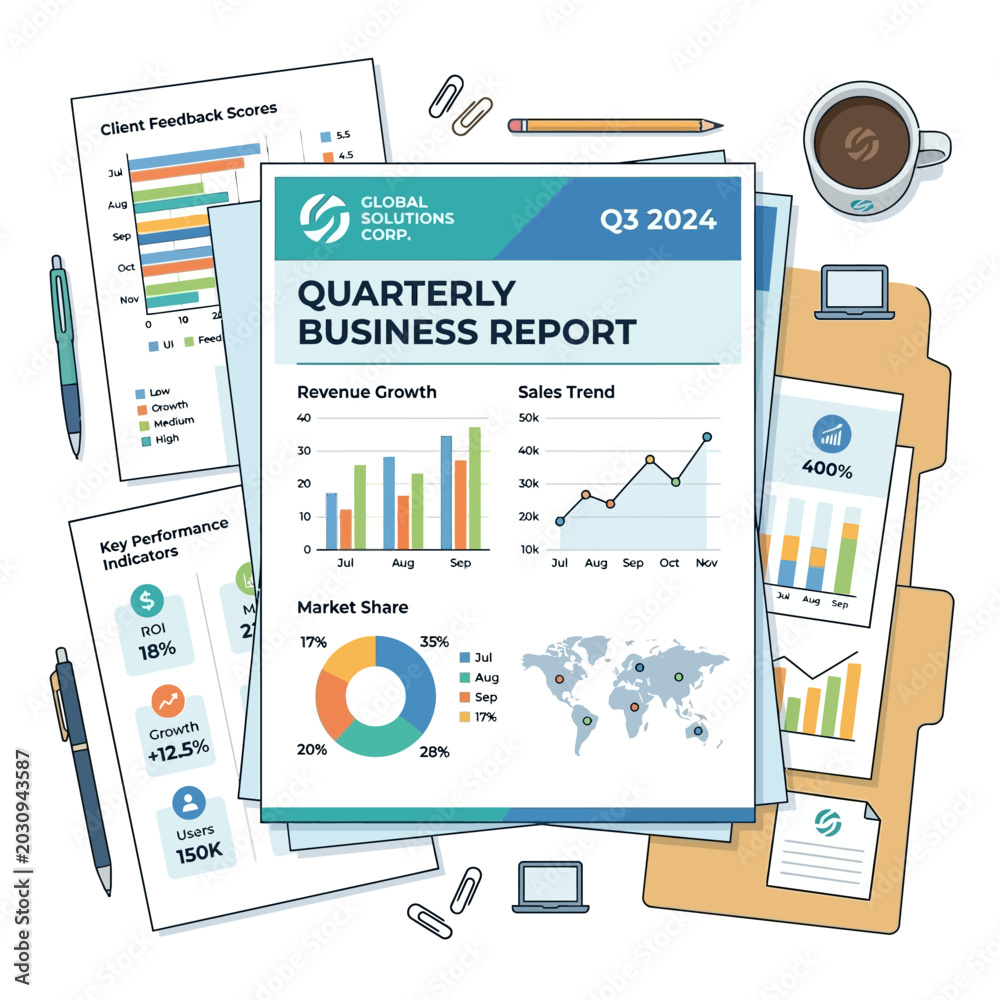 Fototapeta premium Business report illustration with charts, graphs and data analysis design