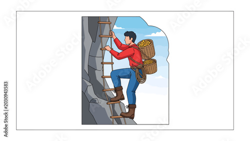 Bilde på lerret Man Climbing Ladder on Cliff Face: A determined man with a large backpack climbs a sturdy rope ladder attached to a steep cliff face, symbolizing perseverance and ascent