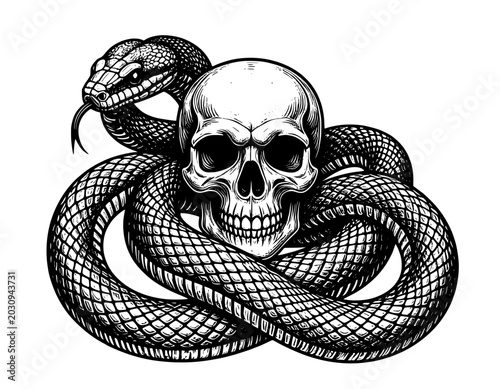 illustration hand drawn snake and skull black and white