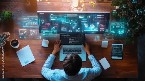 Person works on computer code at a desk with digital data visualization interfaces.