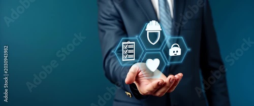 Hand holding holographic work safety icons with shield hard hat checklist health protocols in empty space concept as Hand holds holographic work safety icons including shield hard hat checklist health