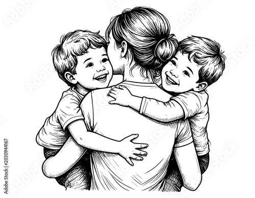 illustration hand drawn mothers and children black and white