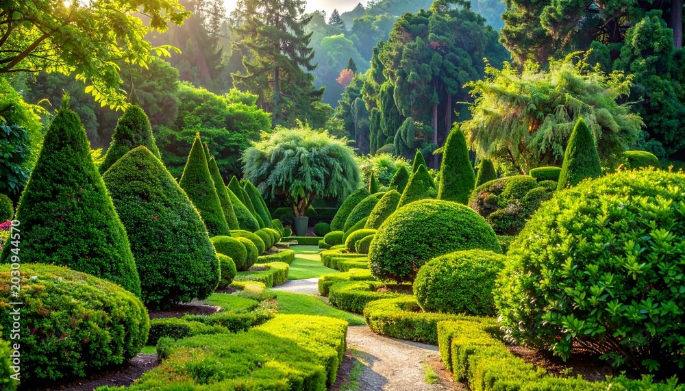 Obraz premium A tranquil and scenic topiary garden with meticulously manicured green bushes and evergreen trees lining a winding gravel walking path.