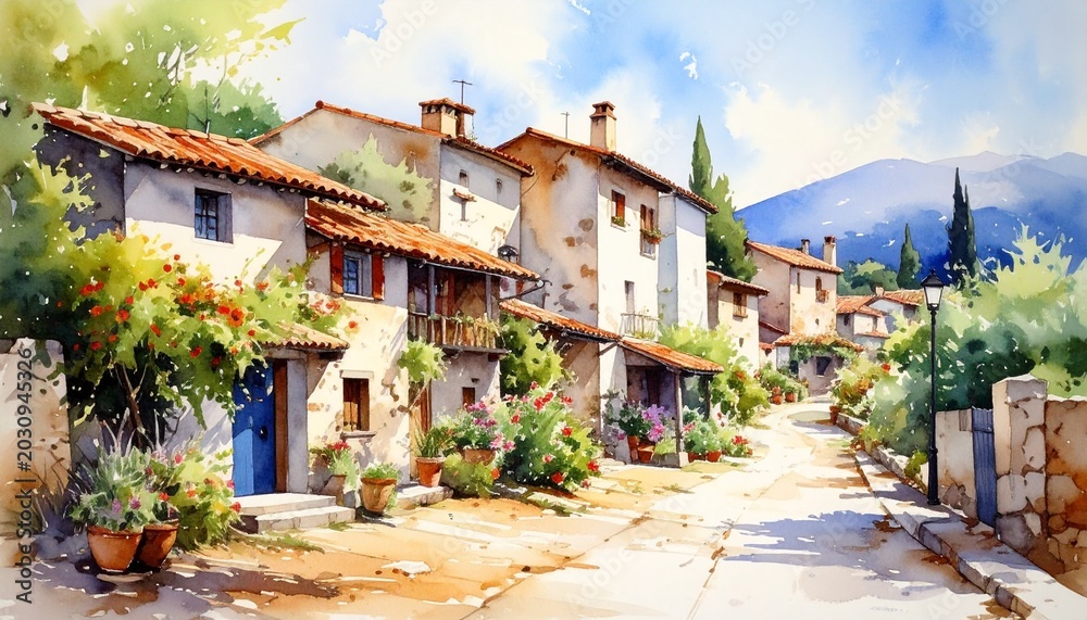 Obraz premium A picturesque watercolor painting of a charming village street in the countryside featuring rustic houses with vibrant flowers and greenery.