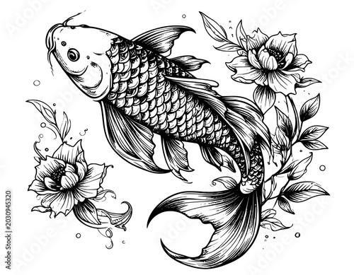 illustration hand drawn tattoo koi fish black and white