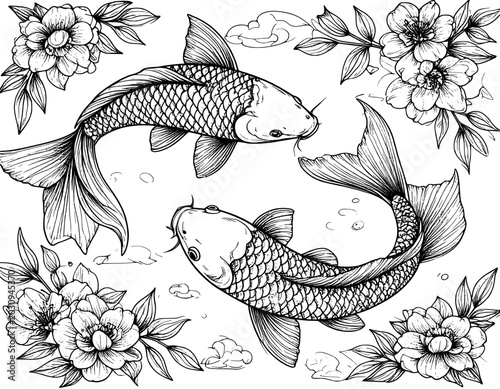 illustration hand drawn tattoo koi fish black and white