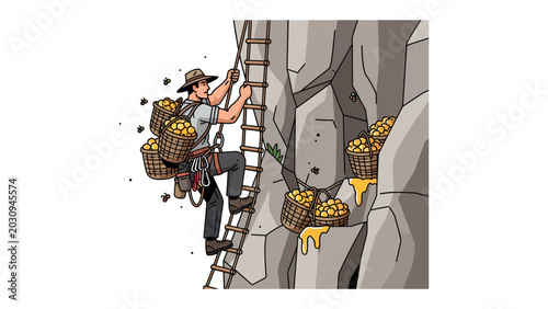 Foto Prospector's Climb: A determined prospector ascends a steep cliff face, laden with baskets brimming with golden treasure, symbolizing the arduous yet rewarding pursuit of riches and adventure