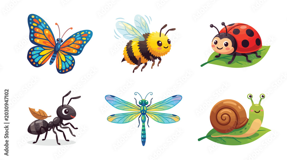 Fototapeta premium Colorful Cartoon Insects Set For Kids Educational Materials