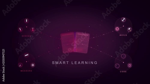 A futuristic illustration of an open book surrounded by icons representing various educational technologies and concepts on a dark background with a purple glow emphasizing smart learning.
