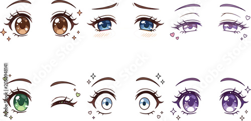 Quadro em tela Anime Eyes Vector Set featuring Cute Manga Cartoon Expressions, Sparkling Big Pu