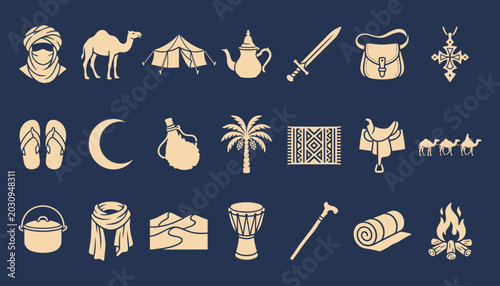 Tableau sur toile Tuareg desert nomad culture icon set with traditional saharan village and textil