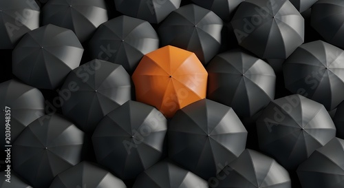Orange Umbrella Standing Out Among Black Umbrellas, Individuality, Uniqueness, Difference, Leadership, Concept
