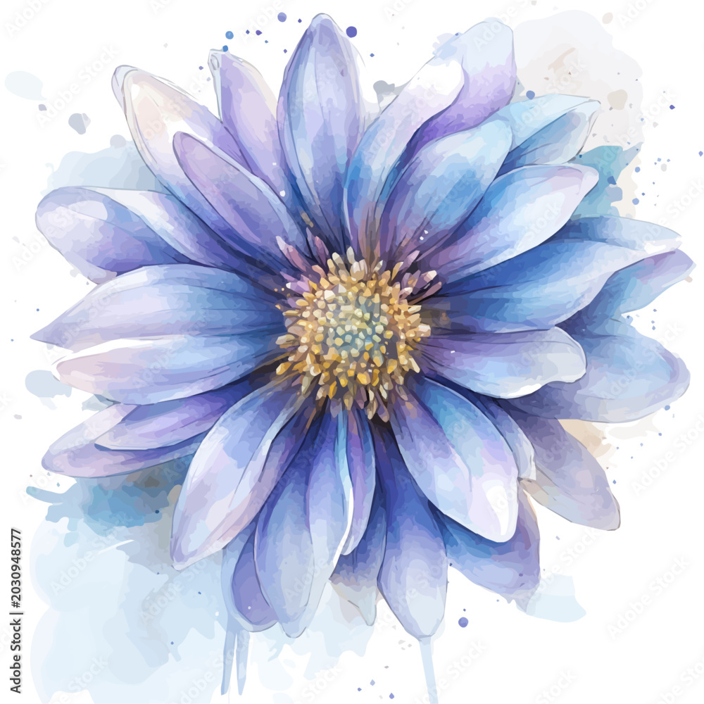 Fototapeta premium Aster Flower watercolor painterly illustration, semi-realistic fantasy design, magical atmosphere, white background