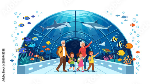 Bild auf Leinwand Family Fun at the Aquarium: A loving family, including grandparents and children, strolls through a vibrant aquarium tunnel, marveling at sharks, turtles, and colorful fish swimming all around them