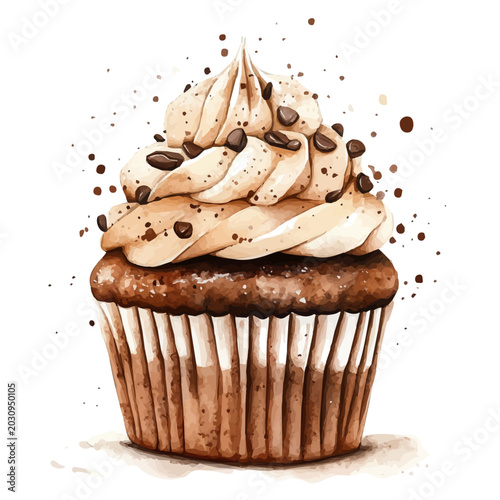Foto Mochaccino Cupcake watercolor illustration, artistic semi-realistic fantasy styl