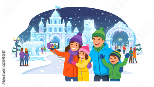 Cuadro en lienzo Winter Wonderland Selfie: A joyful family captures a memorable moment with a selfie in front of a spectacular ice castle, surrounded by playful snow sculptures and twinkling lights