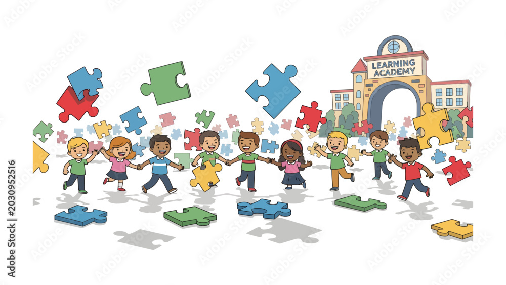 Naklejka premium Learning Academy Connection: Diverse children join hands in a colorful display of unity around a school building, surrounded by scattered puzzle pieces, symbolizing learning and growth.